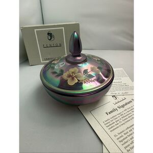 Fenton Violet Iridescent Candy Box w/ Lid – Hand Painted Flowers – Signed by Nan